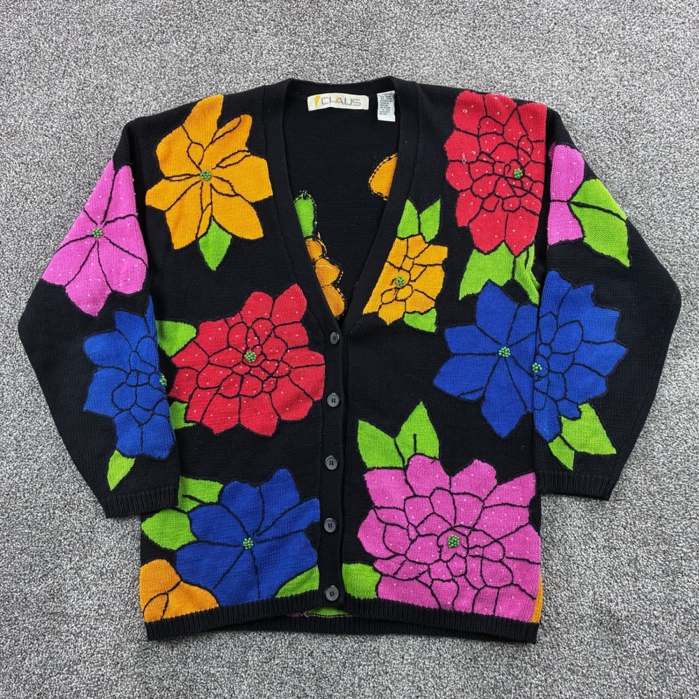 Vintage‎ Chaus Cardigan Sweater Women's Medium Black Floral Beaded Ramie Cotton